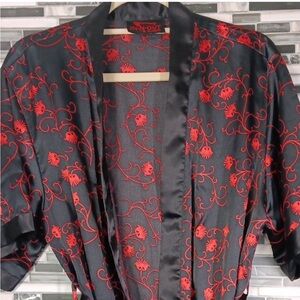 Luxurious Black Red Floral Satin Robe With Belt In-N-Out Burger Lounge Wear.